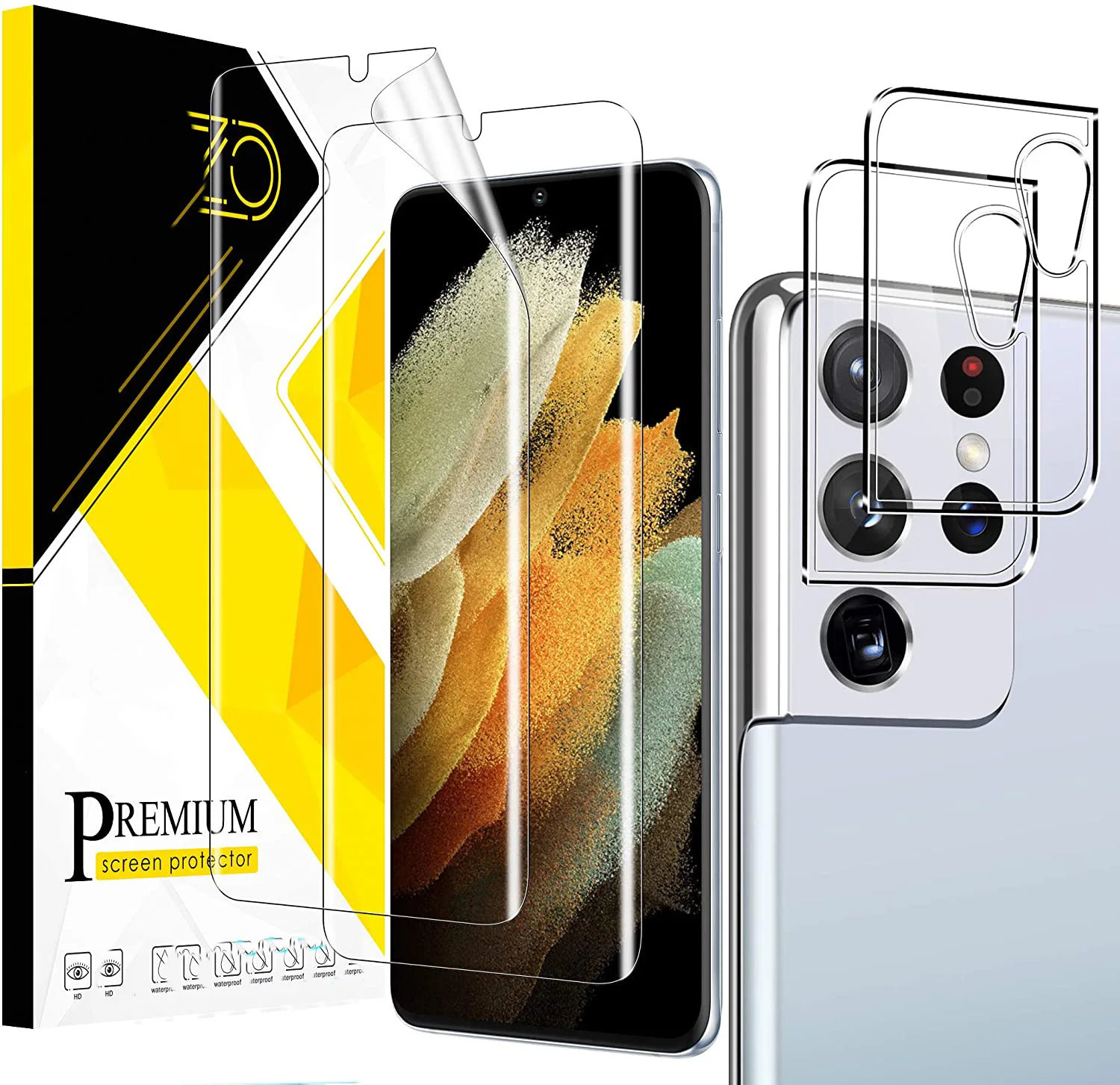 

2 Pack TPU Screen Protector+2 Pack Camera Lens Protector for Samsung Galaxy S21 Ultra/S21+/S21 5G HD Flexible TPU Film Coverage
