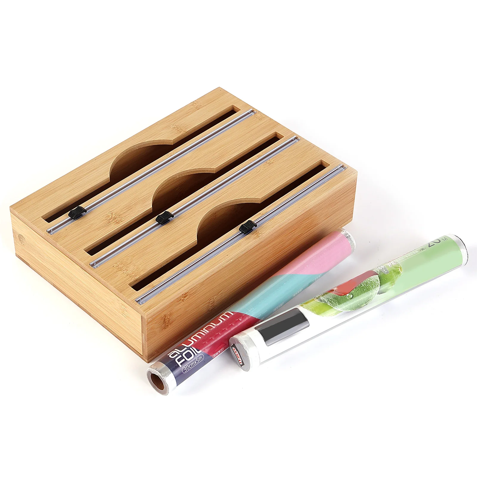 Bamboo Wood Plastic Wrap Dispenser Food Wrap Cling Film Storage Organizer Kitchen Plastic