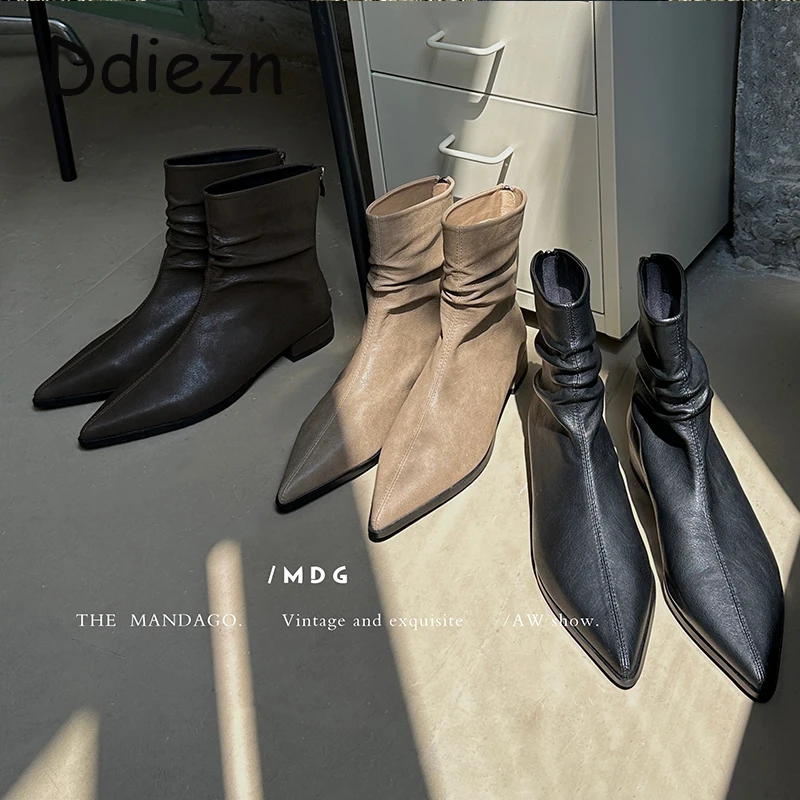 

Pointed Toe Short Boots Ladies Low Heels Shoes Fashion Zipper Female Footwear Autumn Modern Shoes For Women Ankle Boots