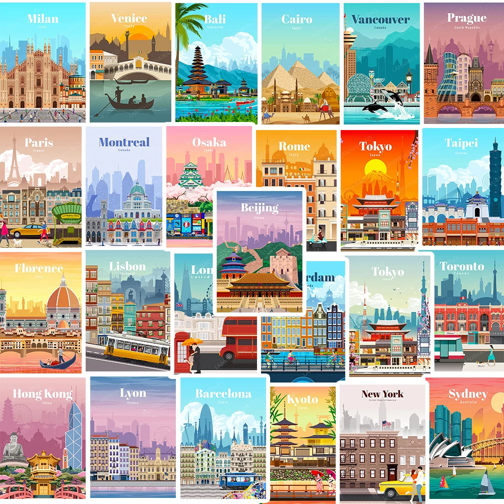 25PCS Travel City Landscape Waterproof Graffiti Sticker For Kids DIY Luggage Laptop Phone kateboard Motorcycle Gift Toy Decal 25pcs france travel stickers set watercolor designs for stationery journals notebooks laptop water bottles and scrapbooking