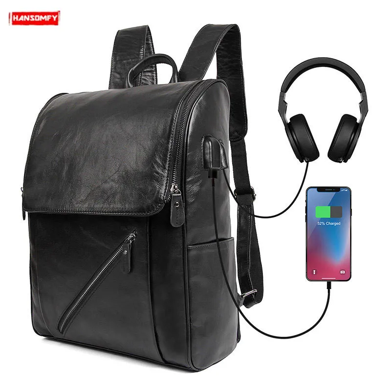 

New Men Computer Bag School Student Bags Leather Backpack Outdoor Fashion Casual Travel Backpacks Male USB Charging Soft Black