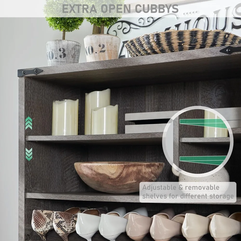 farmhouse shoe cabinet, 72" tall with mesh doors and adjustable shelves, rustic wooden shoe organizer, modern large cabinet sto