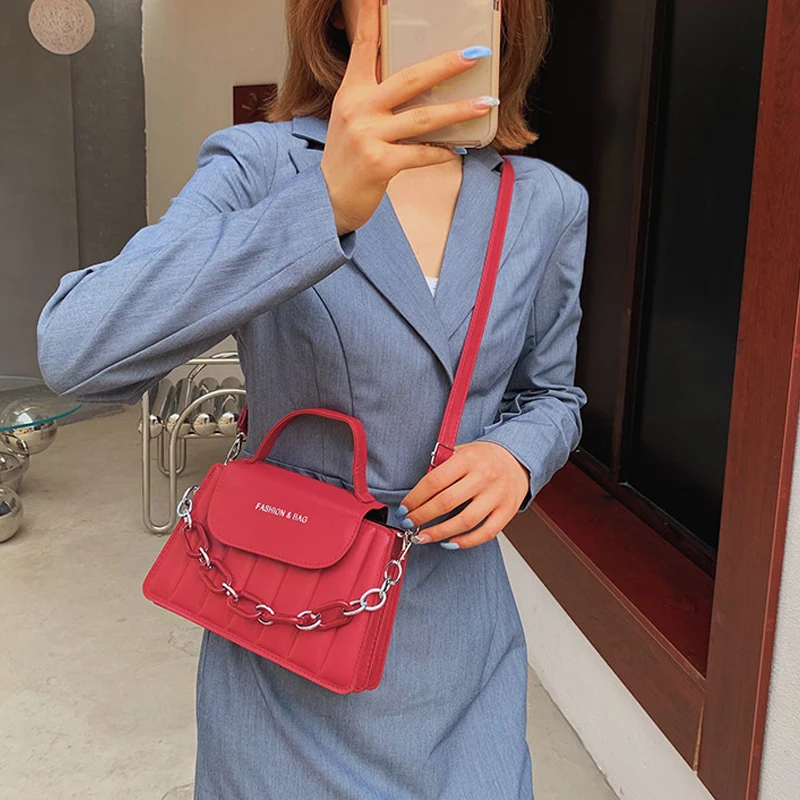 Chic Daily Clutch Bag Chains Flip Purse Women Shopping Shoulder Bag Pleated Leather Classic Pouch Red Totes Handbag