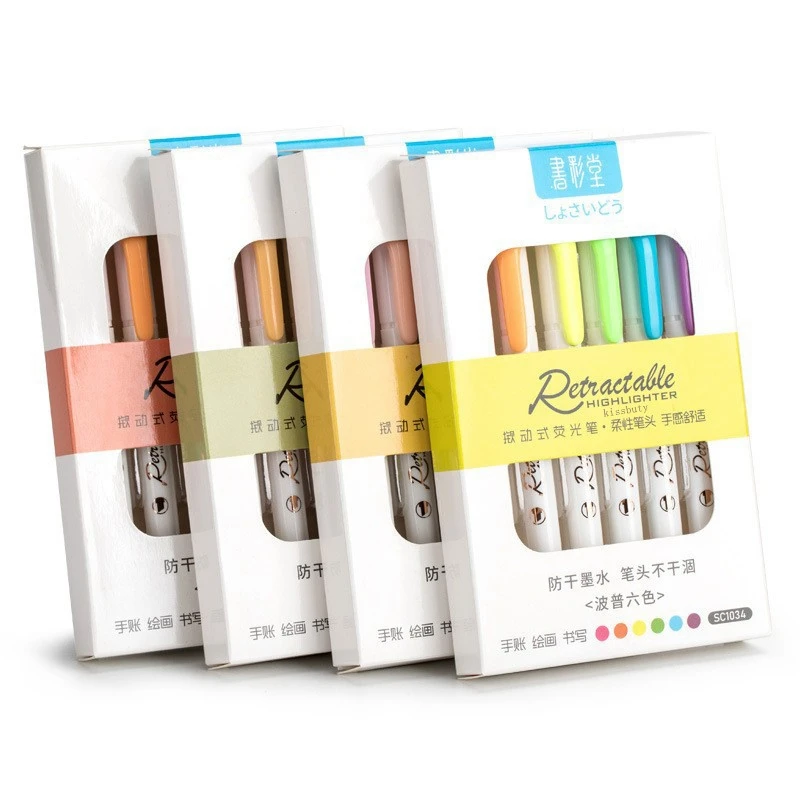 6 Colors Push Button Highlighter Pen Multicolor Kawaii Highlighter Anti-Dry Ink Student Stationery Coloring Hand Account