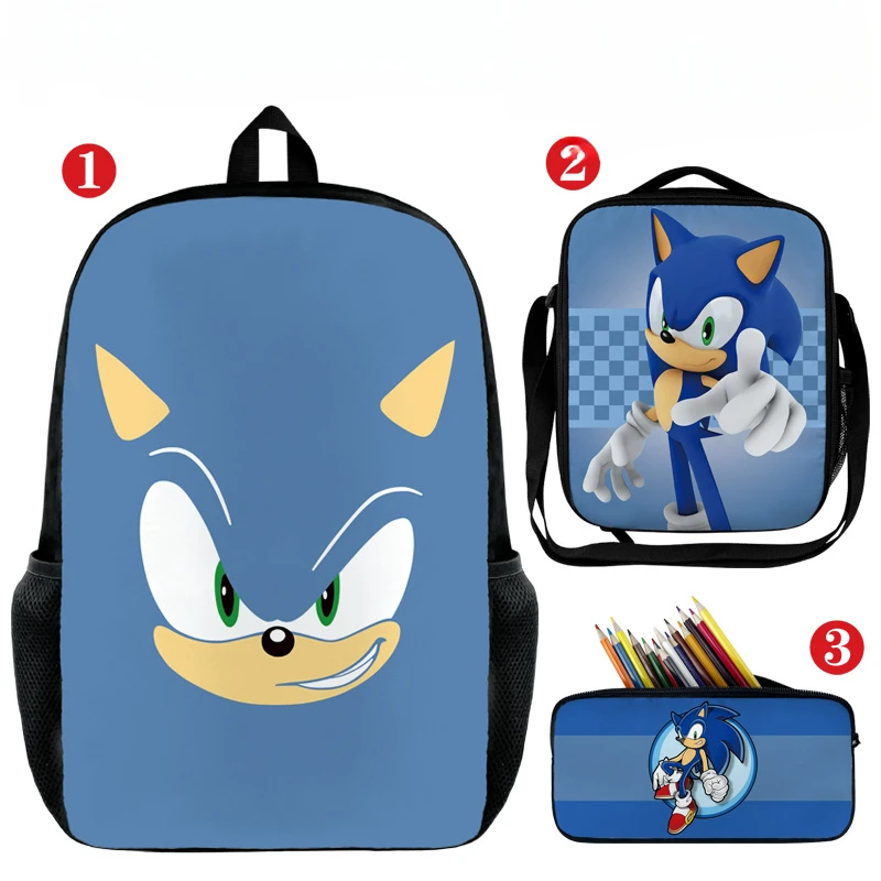 

SONIC Sonic Three-piece Schoolbag for Primary and Secondary School Students Backpack Meal Bag Large-capacity Pencil Case