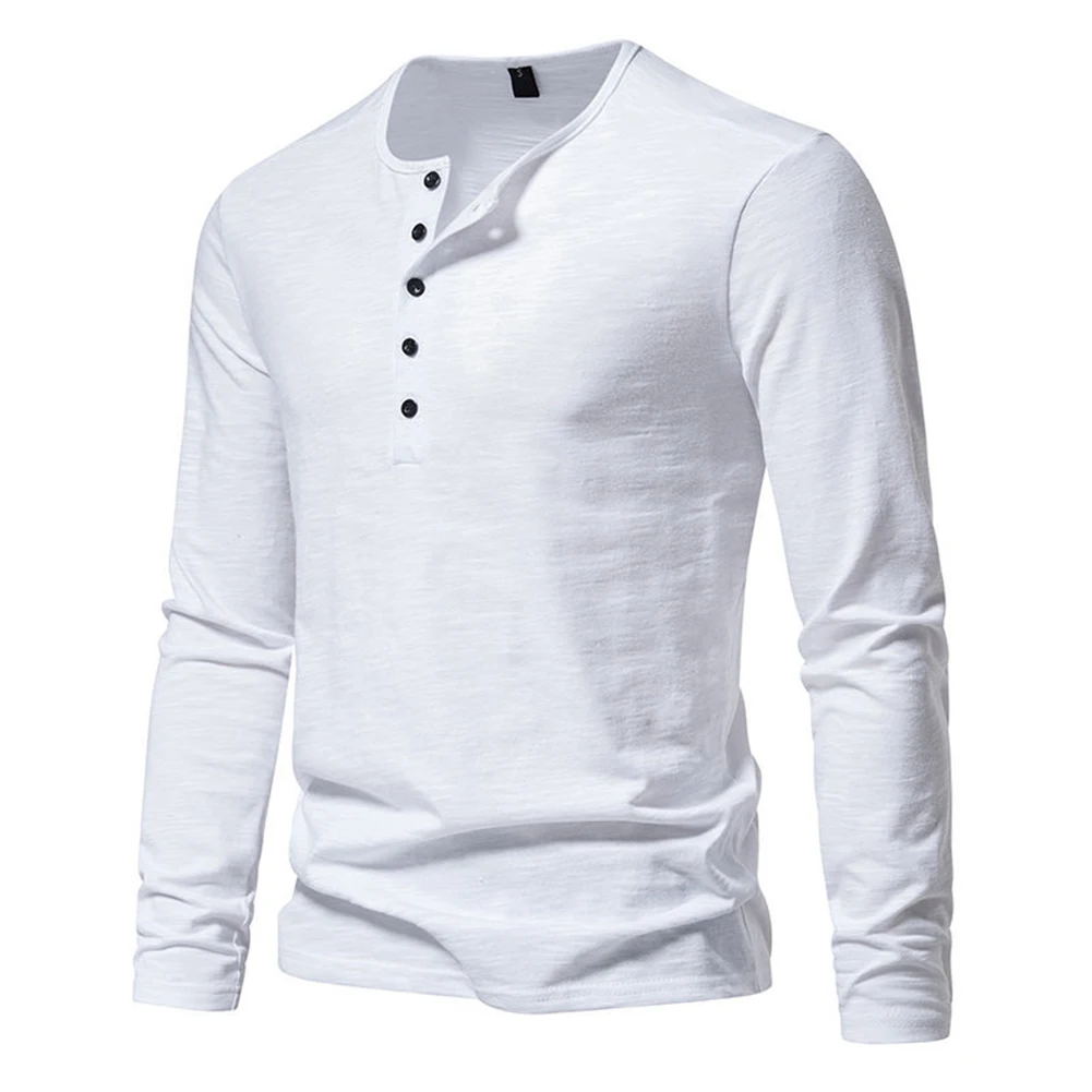 

Outdoor Mens Male T-Shirt Breathable Button Casual Cotton Blend Durable Long Sleeves Skin-friendly Fall Spring