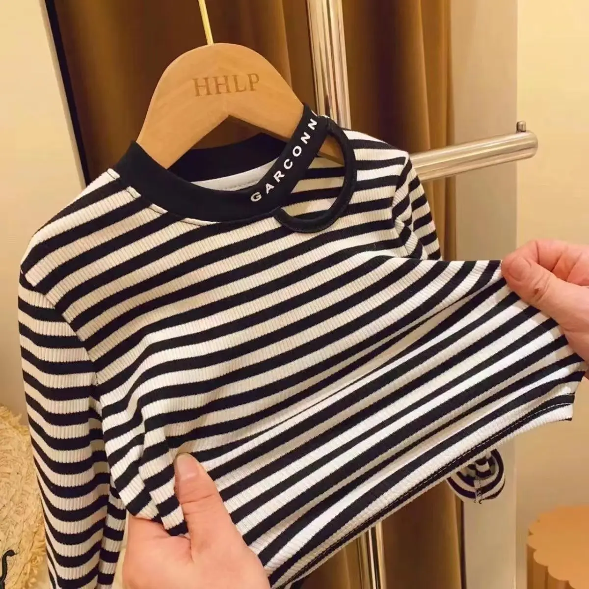 Baby Girls T-shirt 2023 Spring and Autumn New Letter Hollow Round Neck Stripe Long Sleeve Bottom Shirt Children's Outwear Top - Image 3