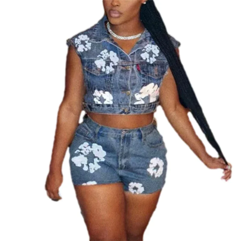 Fashion Short Sleeveless Denim Jacket Women White Flower Print Two Piece Sets Casual Female Suits Stretch Mini Shorts Streetwear