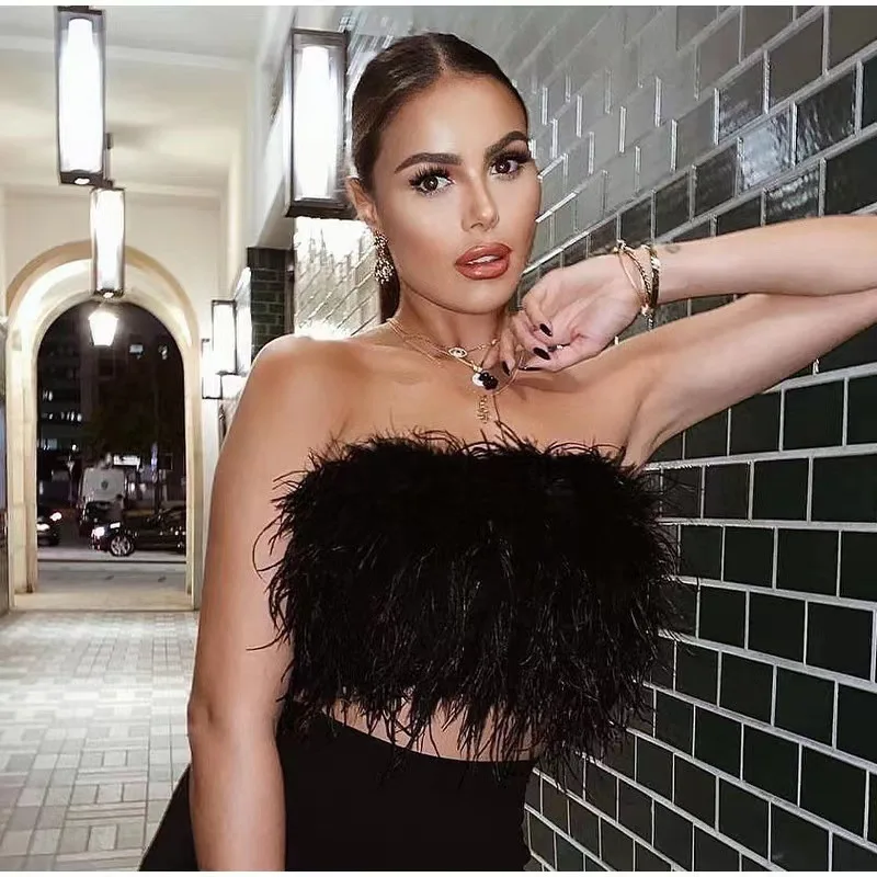 

Бюстгальтер с страусиными перьями, весна-лето 2023, модное сексуальное эластичное нижнее белье без рукавов с открытым пупком, майка из искусственного меха для женщин