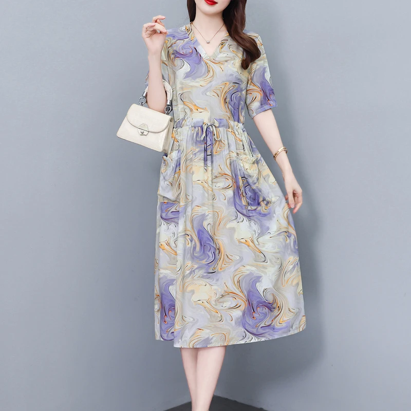 Summer V-Neck Plus Size Women's Loose Print Dress - Fashionable Short Sleeve Design