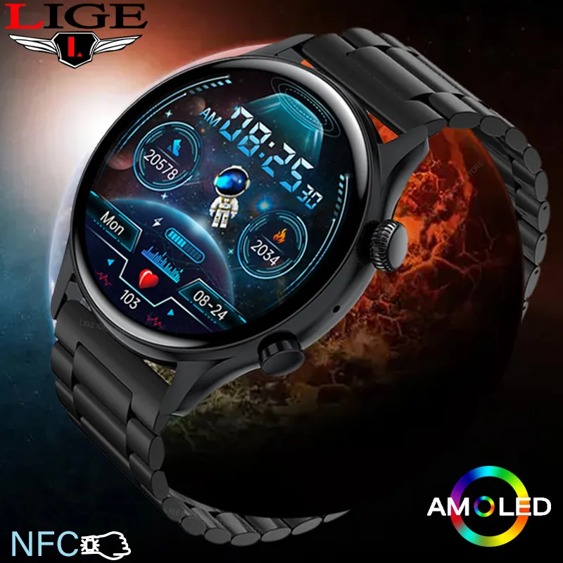 LIGE NFC Smartwatch Men 1.36 Inch AMOLED Smart Watch Bluetooth Call IP68 Waterproof Wristwatch For Xiaomi Blood Pressure Watches |