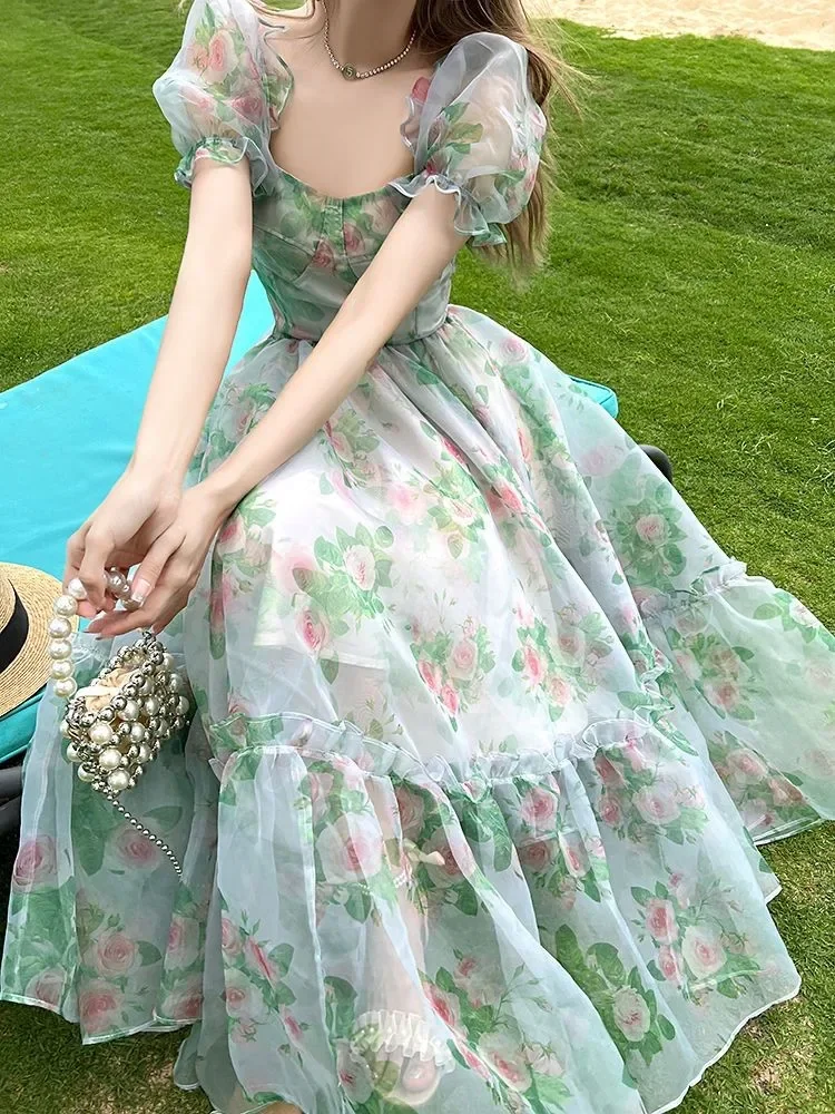 

French Vintage Floral Midi Dress Women Organza Elegant Casual Party Fairy Dress Casual Holiday Princess Dress Women Summer 2023