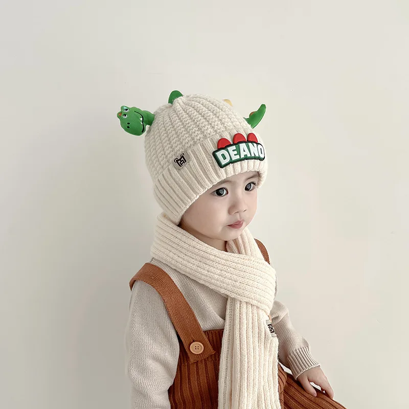 Doitbest Cartoon Warm Hats For Children Kids Beanie Sets Acrylic 3D Dinosaur 2 Pcs Boys Girls Winter Knit Hat Scarf Set Child