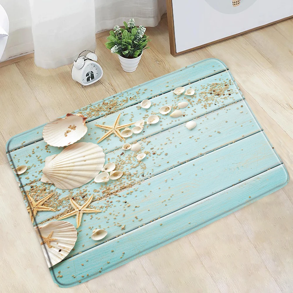 Tappetino Per Porta Tappetino Da Bagno In Stile Mediterraneo Conchiglie Per Paesaggi Oceanici Stelle Marine Tavolato In Legno Blu Decorazioni Per La C