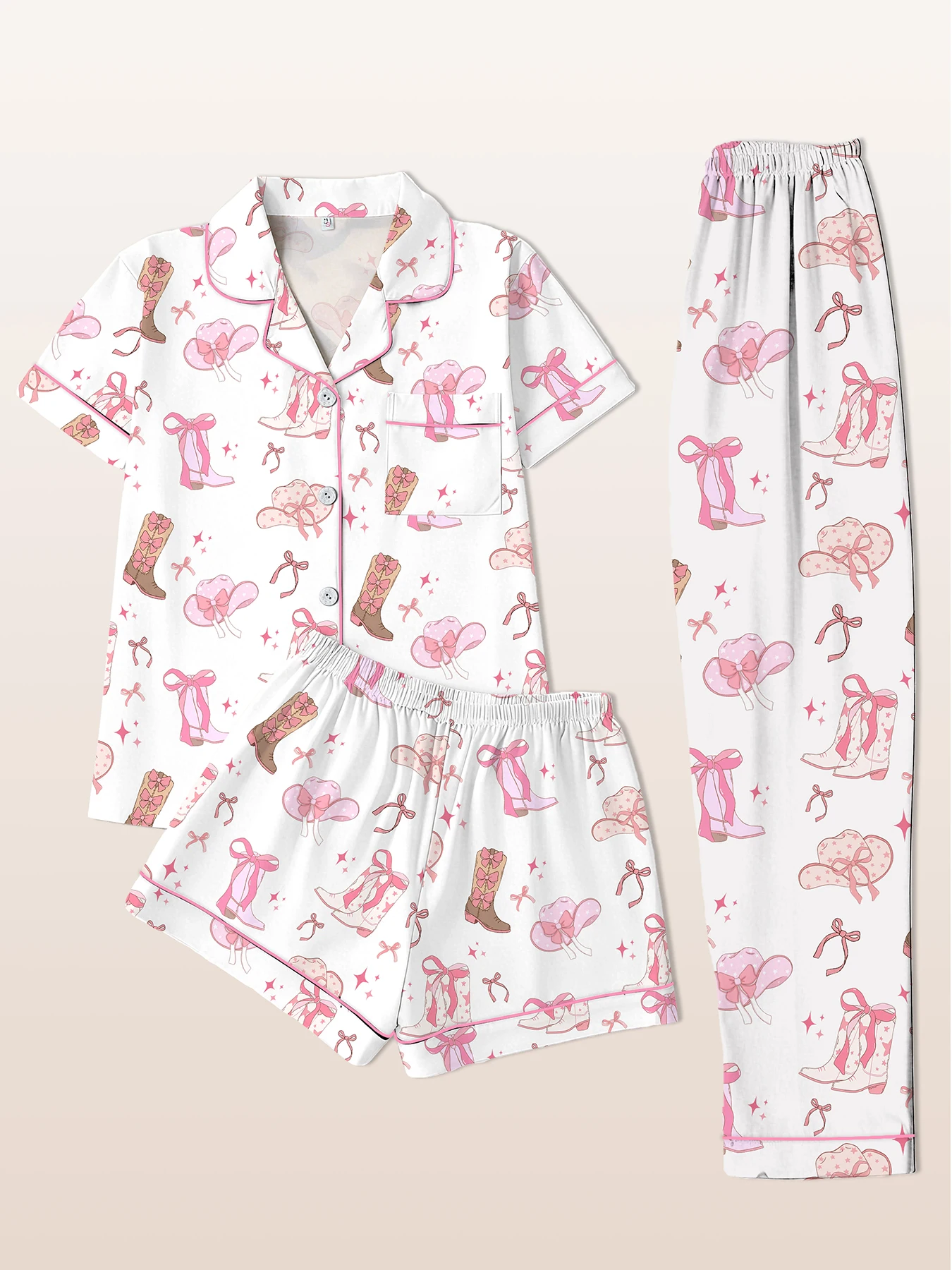 Women Pajamas Notch Lapel Short Sleeve Shorts Pants 3 Piece Set Spring Summer Fall Cute Cowgirl Print Homewear 1