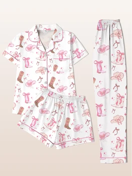 Women Pajamas Notch Lapel Short Sleeve Shorts Pants 3 Piece Set Spring Summer Fall Cute Cowgirl Print Homewear 1