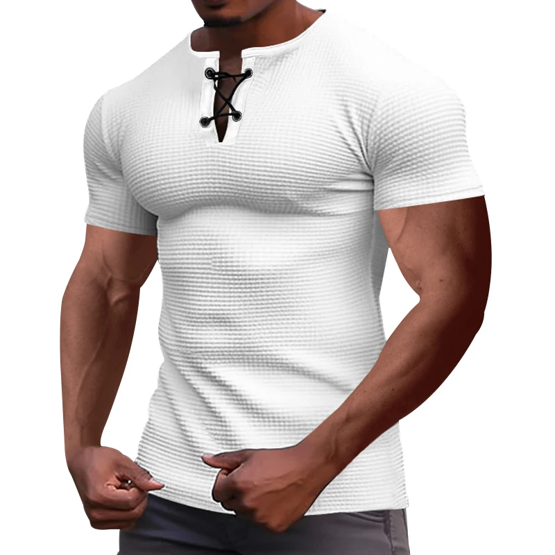 Sommer Cross-Border Athleisure Mode Schlankes Atmungsaktives Herren-Kurzarm-T-Shirt Europäisches und Amerikanisches Herren-Henley-Shirt mit Bindebändern
