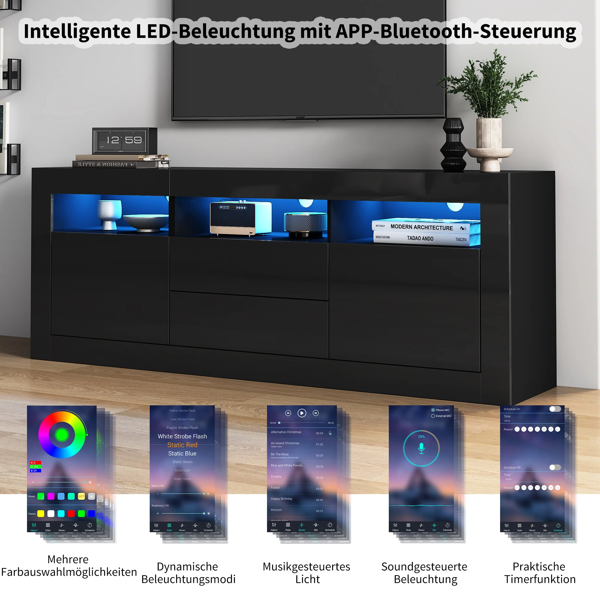 KOMHTOM Hochglanz-TV-Schrank- Mit LED-Beleuchtung, 3 offenen Fächern, 2 Türen und 2 Schubladen, für 70-Zoll-Fernseher – Detail 5