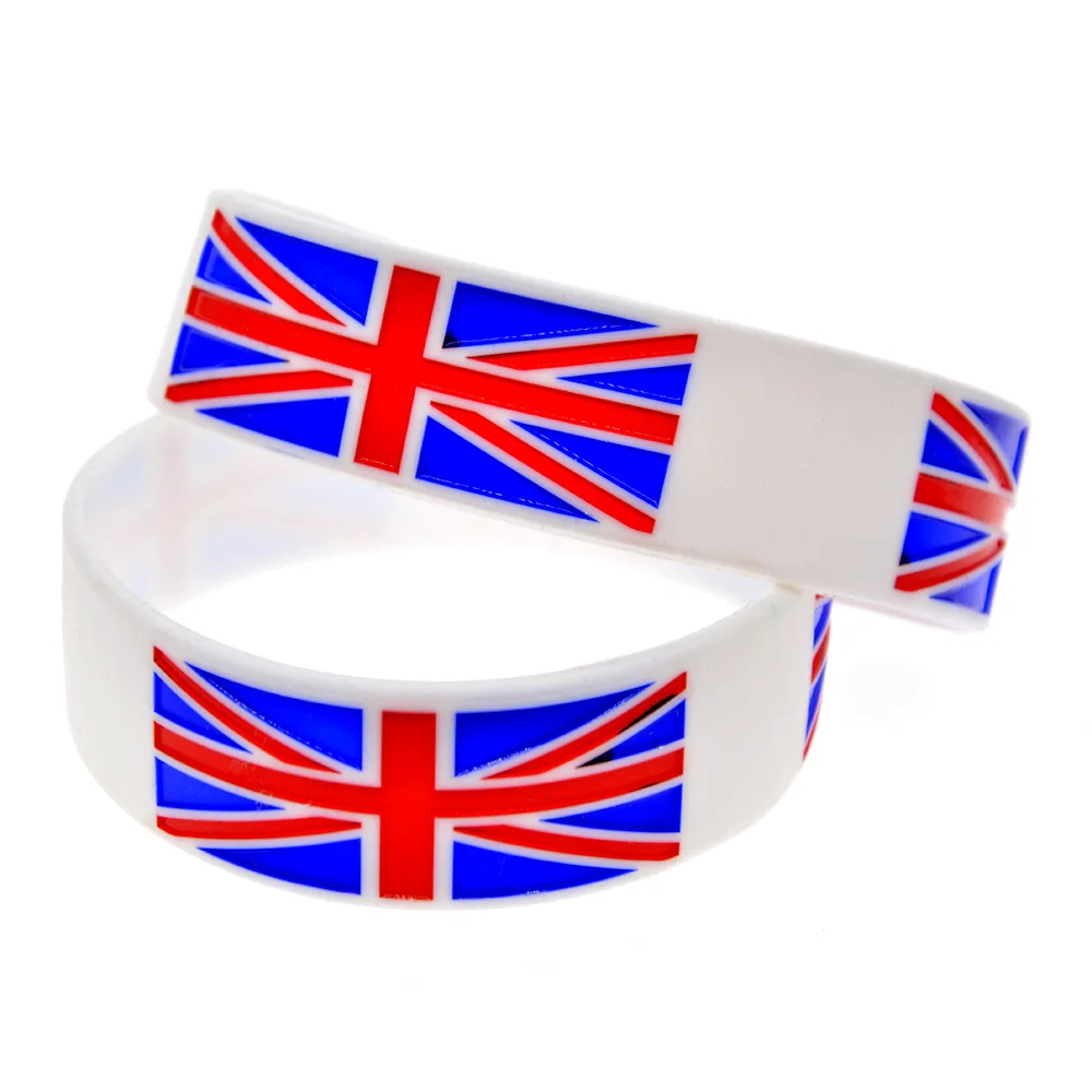 1 PC One Inch Wide British Flag Silicone Wristband Sport Rubber Bracelet White Bangle 6