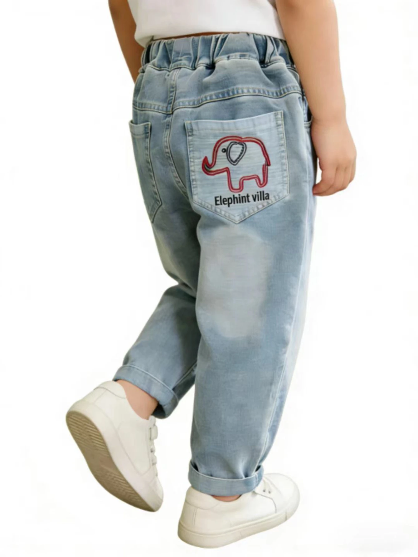 소년 코끼리 자수 데님 청바지 키즈 라이트 블루 루즈핏 팬츠 아동용 신축성 허리 캐주얼 바지 2026 신상품