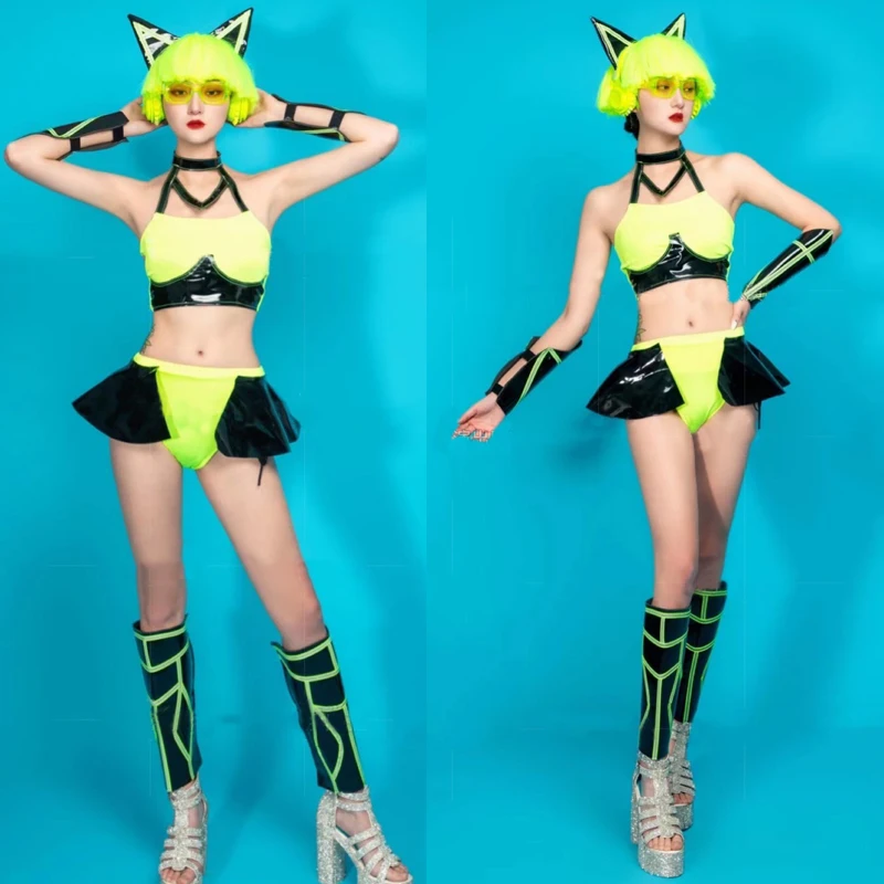 

Bar Nightclub Dj Ds Fluorescent Green Top Shorts Sexy Pole Dance Outfit Women Cosplay Stage Show Clothes Gogo Costumes XS5274
