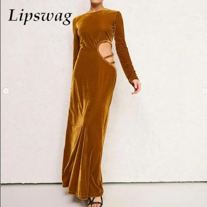 

Women Hollow Out Bandage Design Office Long Dress Elegant Solid Velvet Party Dress Fashion Long Sleeve O Neck Simple Maxi Dress