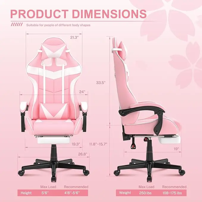 Pink Gaming Chair with Footrest,Lovely Cute Bunny Computer Gamer Chair,Kawaii Desk Chair for Granddaughter,Sister,Girlfri