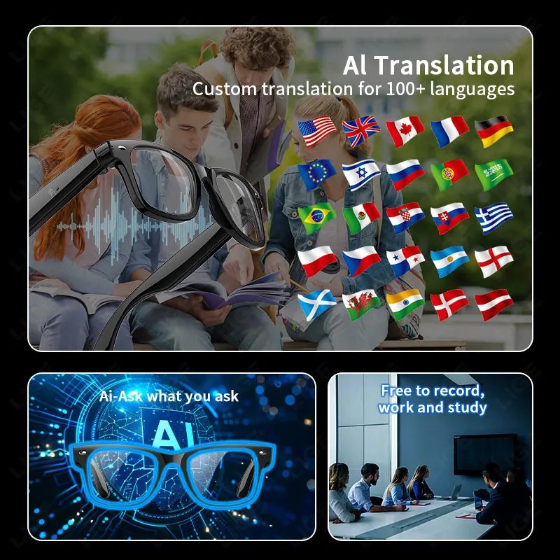 LIGE AI Voice Control Smart Glasses Heart Rate Body Temperature Health Monitor Sports Translation BT Call Music Play Sunglasses