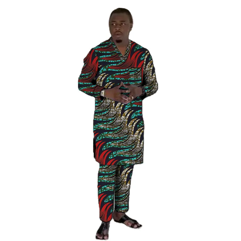 V-Neck Shirts With Bottoms Men's Groom Suit Original Design Nigerian Fashion Pant Sets African Wedding Party Outfits 2
