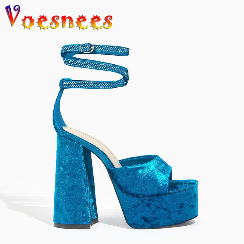 

Women's Sandals Velvet Waterproof Platform High Heels Shiny Ankle Strap Night Club Sandalia 11CM Summer Rhinestone Party Shoes