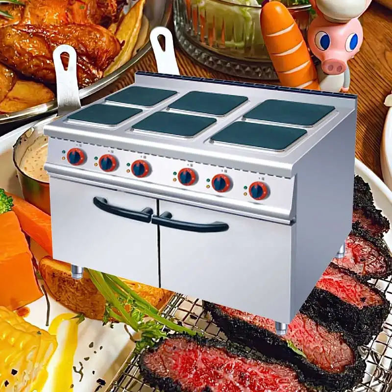 Industrial Electric Six-head Cooking Stove with Cabinet Square Plate Pot 4/6 Stove Head Heating Stove in Large Hotel Restaurant