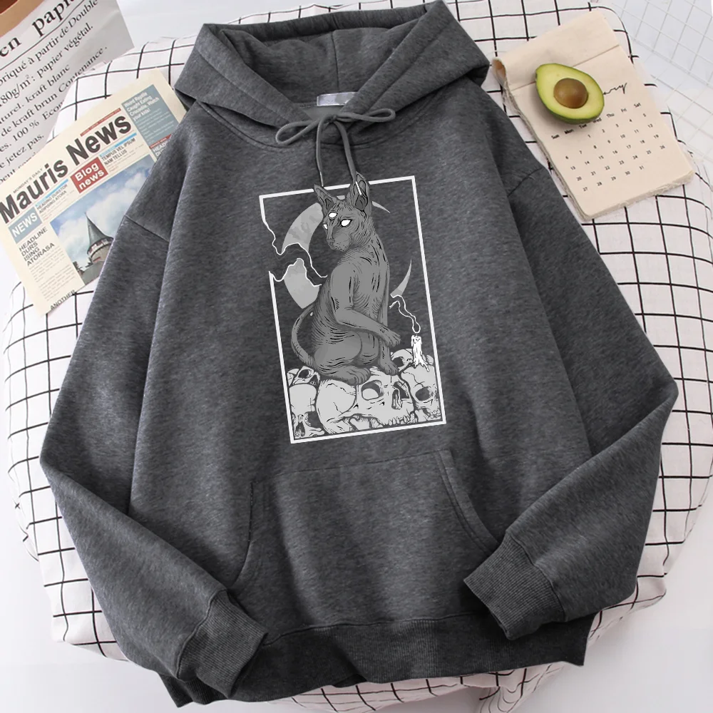 

Occult Black Cat Standing On Pile Of Skeletons Hoodies Men'S Funny Graphic Sweatshirt Vintage Soft Top Casual Warm Hoodie Mens