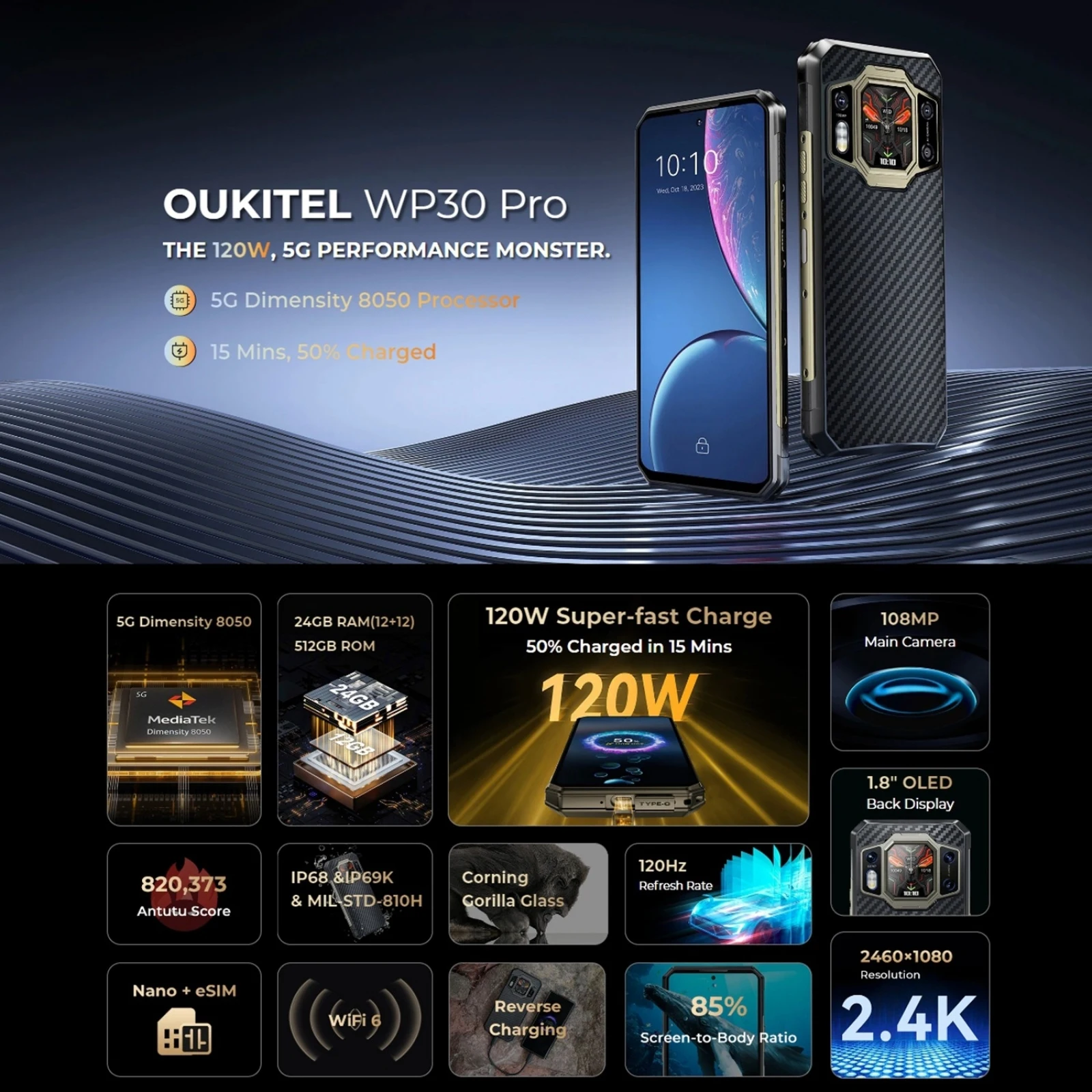 Oukitel WP30 Pro Rugged Smartphone 12GB+512GB 120W Android 13 Mobile Phone 11000mAh 6.78" FHD+ 108MP Camera 5G Cell Phone