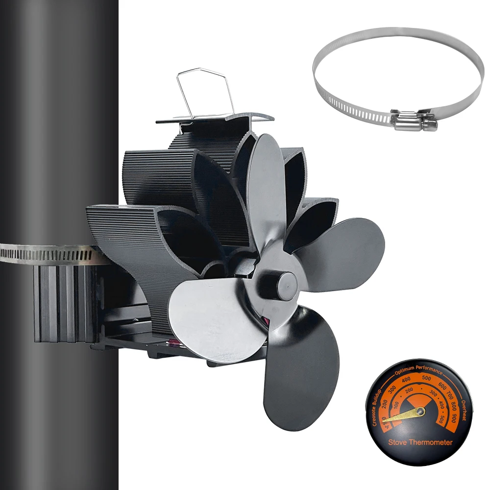 Wood Stove Fan Heat Powered Shaped Heat Distribution 4-Blade Silent Flue Pipe Hanging Fireplace Fan with Magnetic Thermometer
