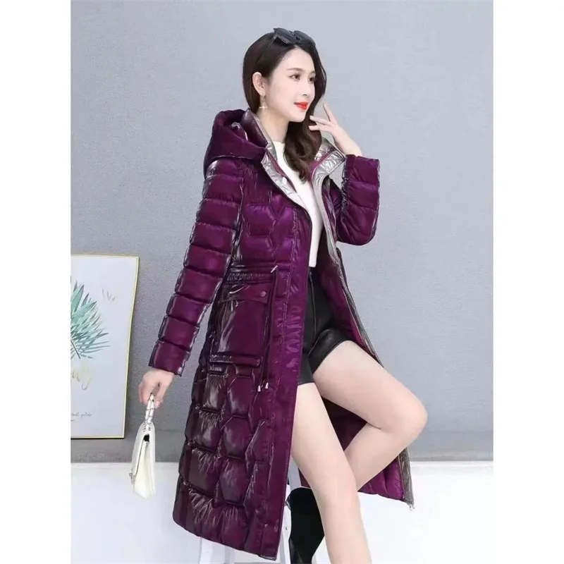 Thick Female Windproof Long Mother's Down Cotton Coat Women 2025New Winter Fashion Warm Slim Waist Wrapped Parkas Hooded Lace-Up