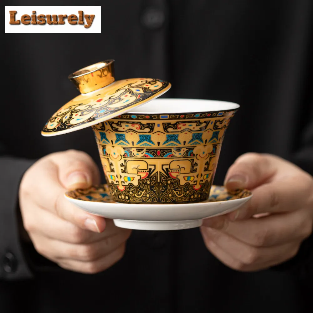 Chinese Tangka Rotatable Gold Silver Mixed Gaiwan Zen Sheep Fat Jade Hovering Lid Tea Tureen Tea Maker Cover Bowl Tea Services