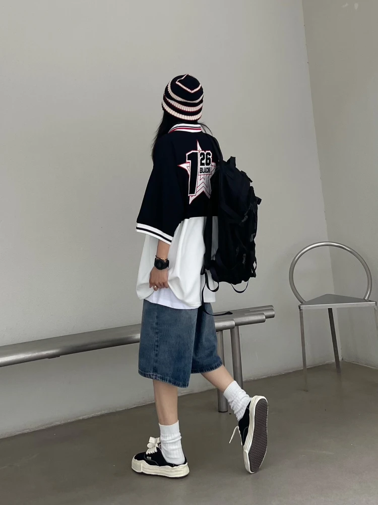 QWEEK 여성용 헐렁한 Jorts 빈티지 와이드 레그 5 포인트 청바지, 미국 스트리트웨어, 캐주얼 워싱 오버사이즈 여름 데님 반바지, Y2K