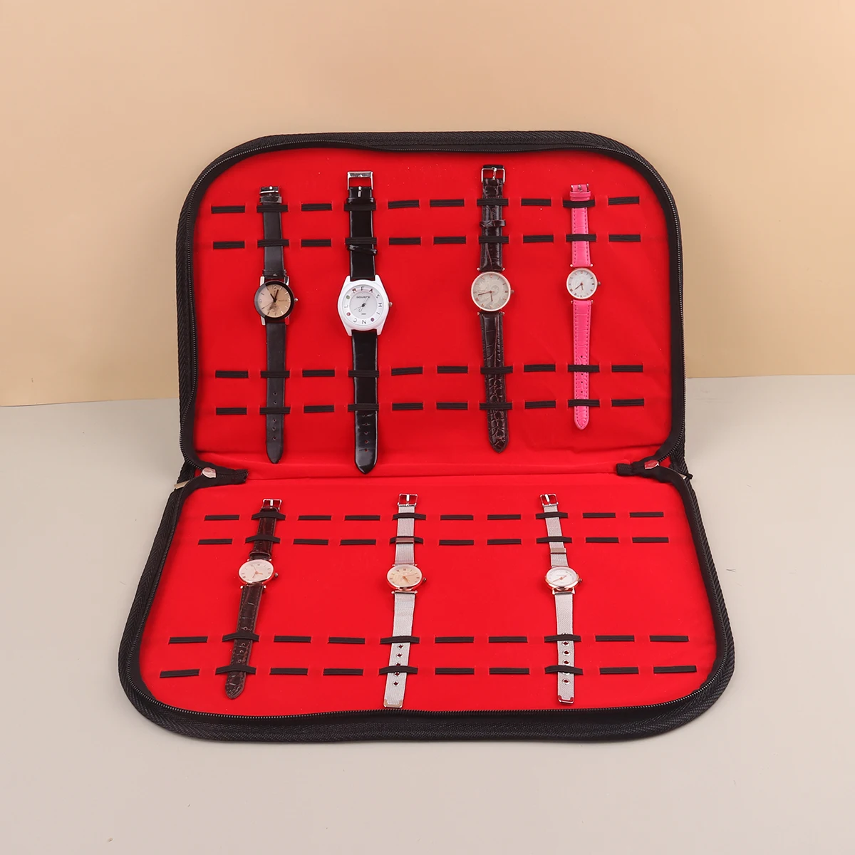 Multifunction Portable Watch Strap Organizer Leather And Flannel Watch Travel Case Pouch Black Red T1301 Wholesale