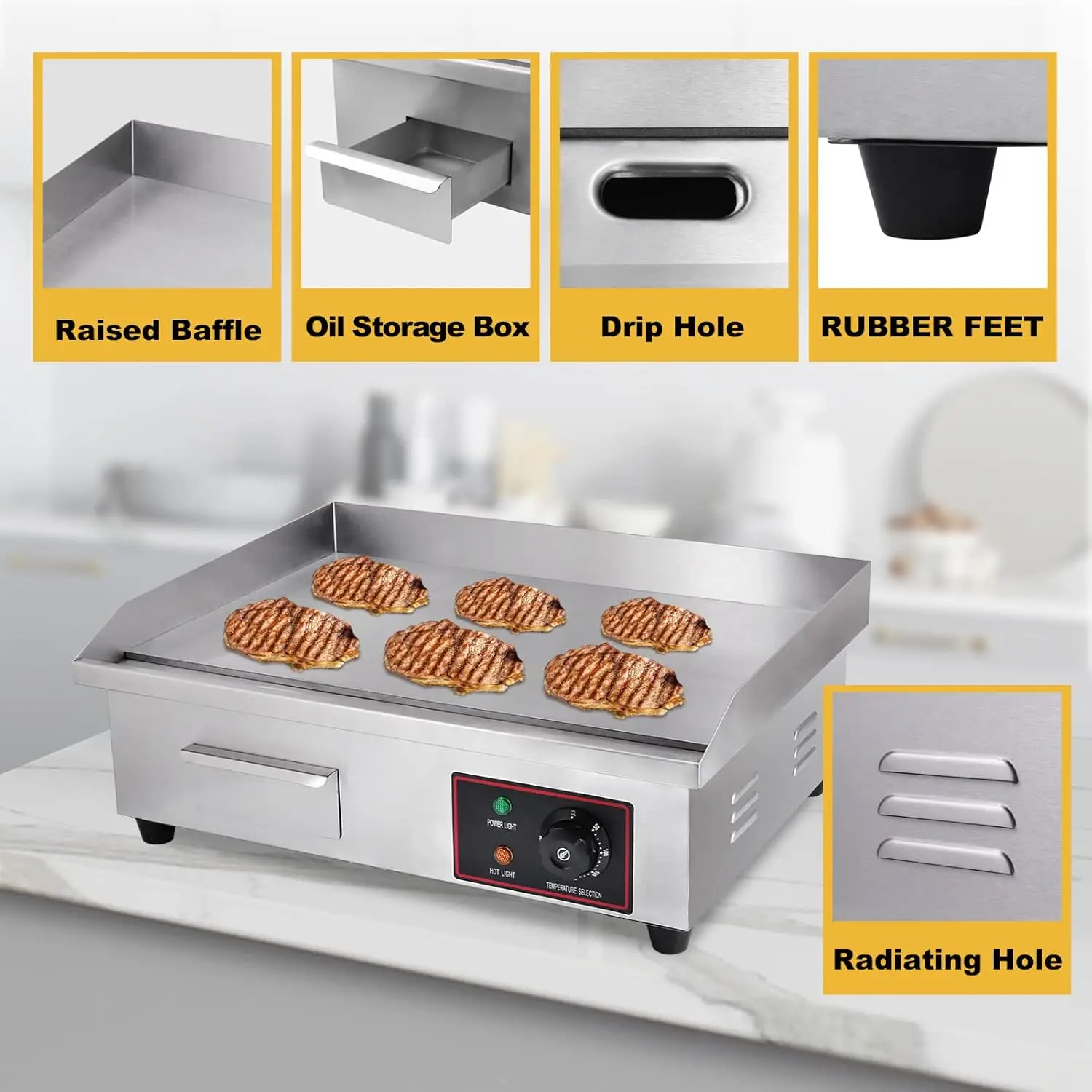 Commercial Electric Griddle, Electric Flat Top Grill, 3000W Countertop Griddle with Shovels and Brushes for Restaurant Kitchens 3