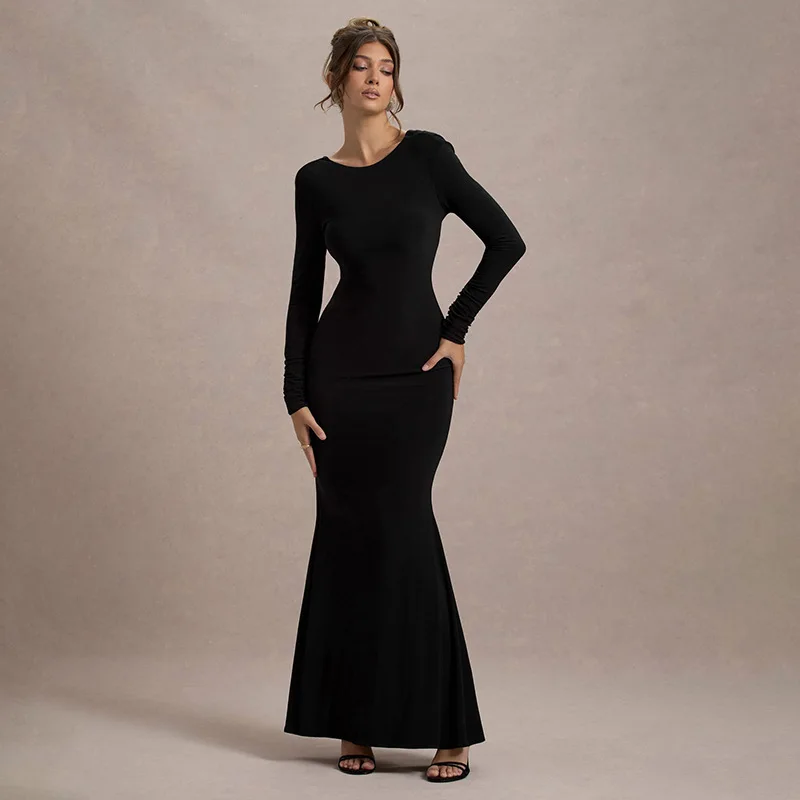 Black Tee Bow Backless Long Dress Women's Fashion High Waist Luxury Elegant Party Dress Gown Female Autumn Maxi Dress