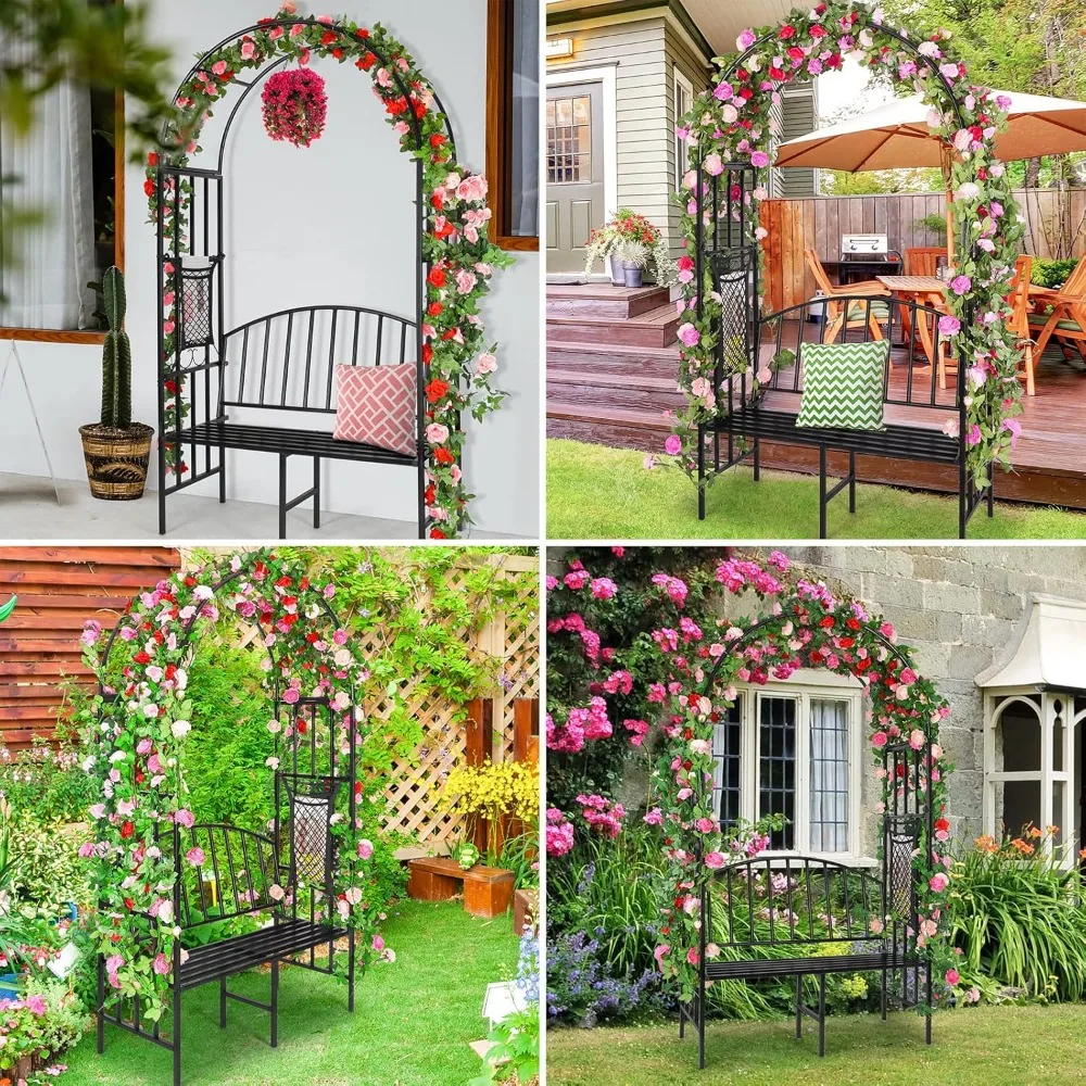 Garden Arch Heavy Duty (Holds 660lbs-250kg) | Metal Arbor Archway for Climbing Plant & Two People Seat Bench |Outdoor Lawn Backy