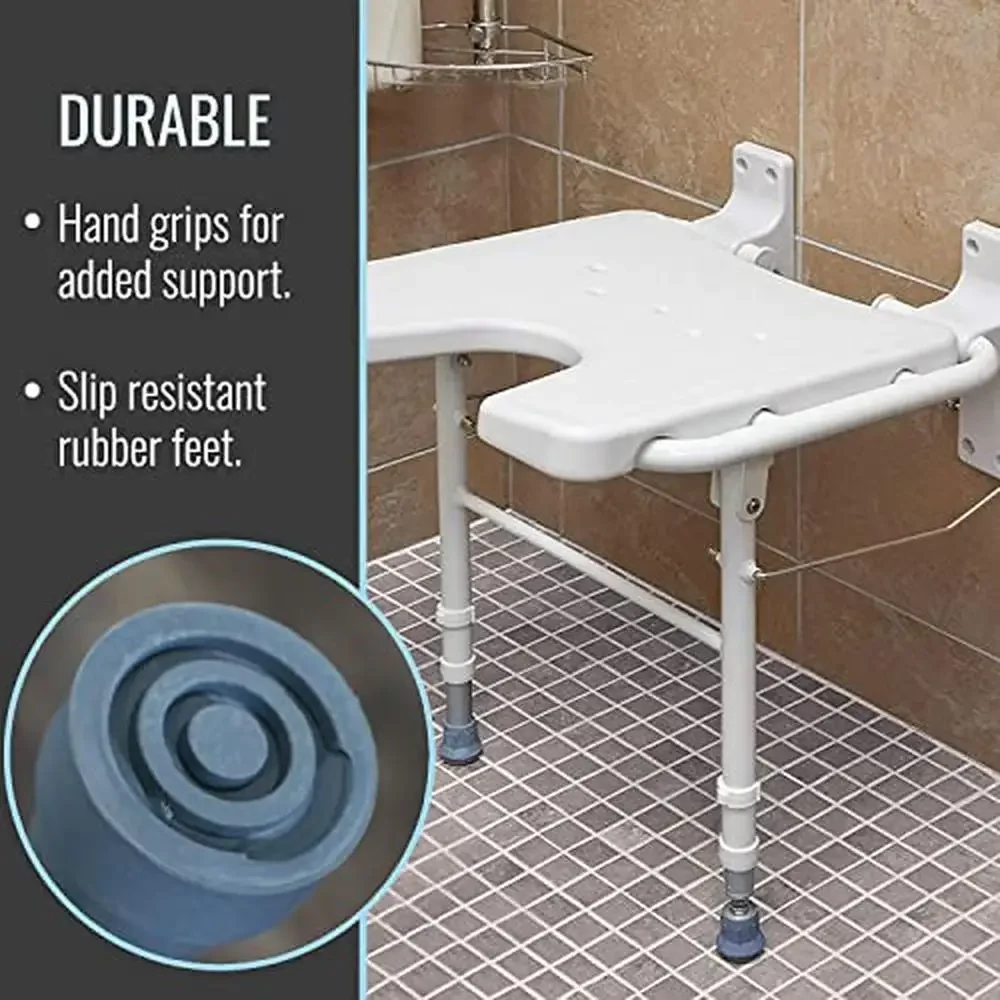 Foldable Shower Chair Bench Wall Mount Space Saving Seat 16x16 Inches White Adjustable Legs FSA HSA Eligible Aluminum 250lb 4