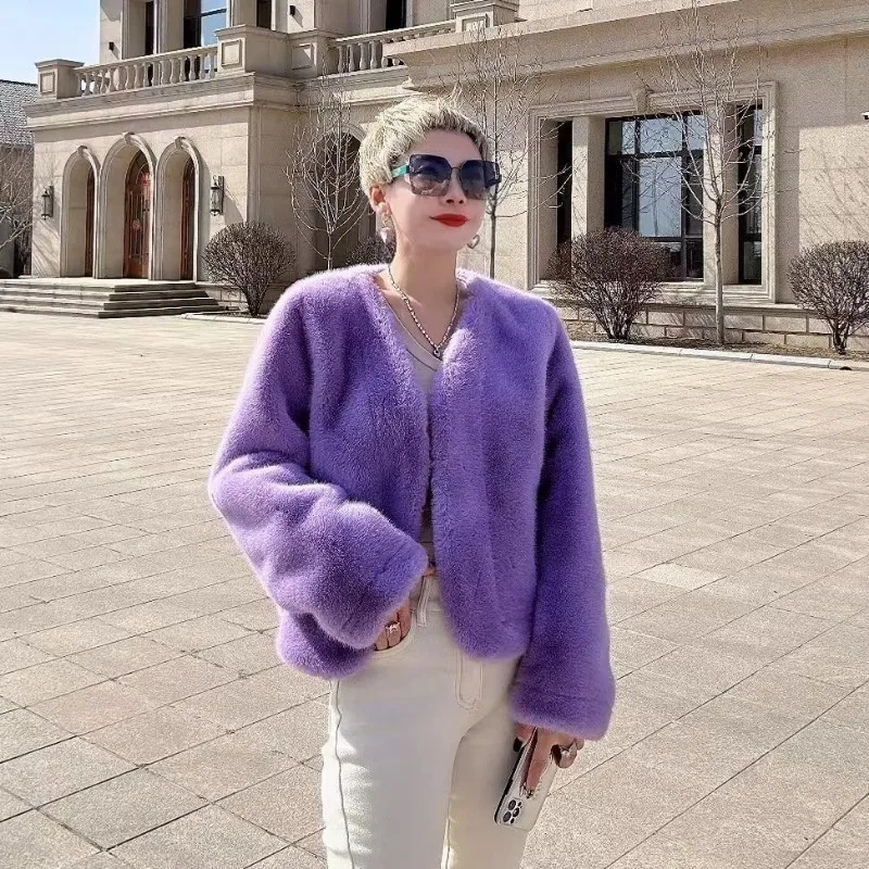 2023 New Women Imitation Mink Fur Coat Female Winter Loose Warm V-neck Fashion Outwear All-Match Solid Color Casual Short Jacket