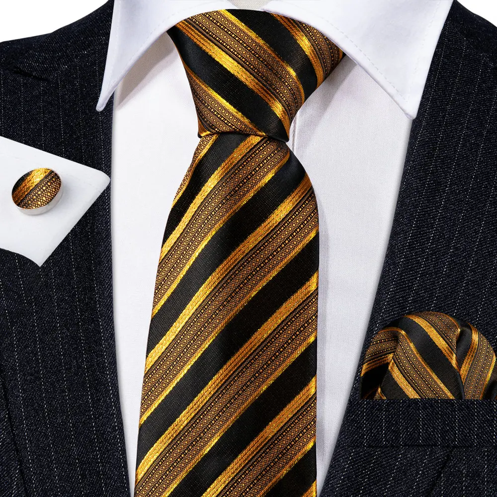 Barry.Wang Dark Gold Men Tie Silk Stripe Pocket Square Cufflinks Sets Formal Woven Neckties Business Party Designer Gifts 5702