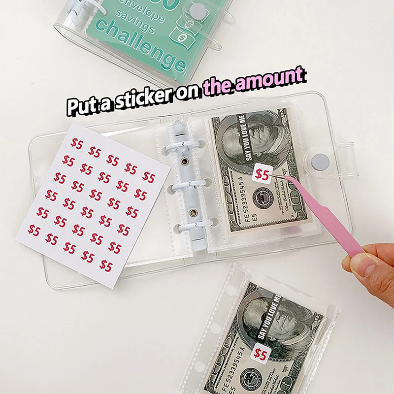 PVC $1000 Money Savings Challenge Binder Button Closure Mini Budget Binder Envelope Savings Challenges Book Durable Portable