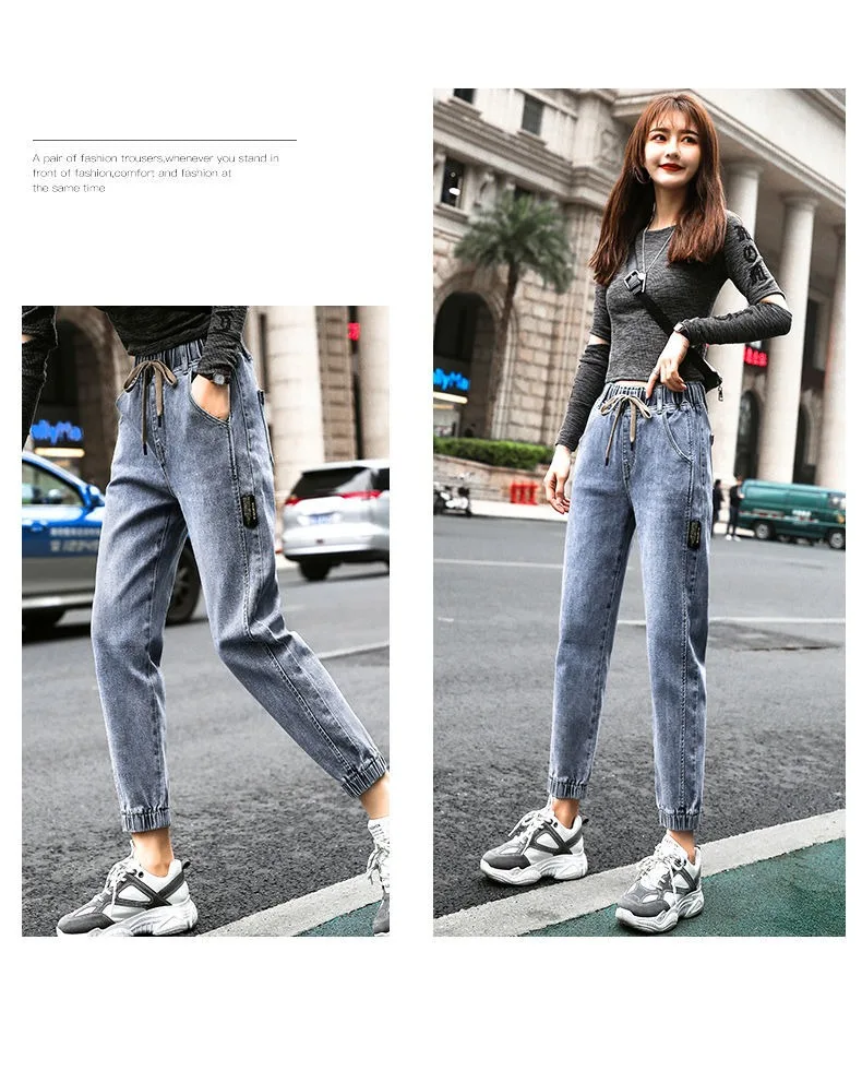 Damen lose Harem Jeans elastische Taille 2024 Frühling Herbst koreanischen Stil hohe Taille gerade kurz geschnittene Harems hose schwarz hellblau – Detail 7