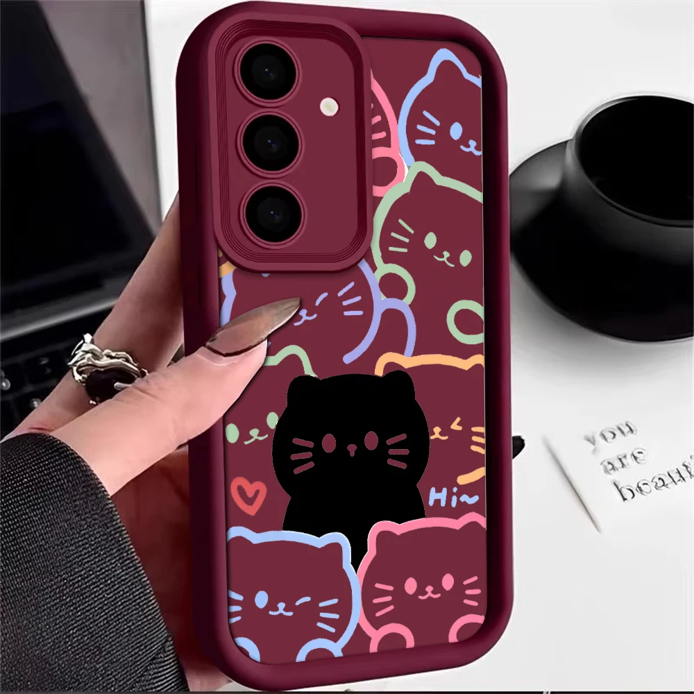 Cartoon Cat Silicone Phone Case with Colorful Line Design