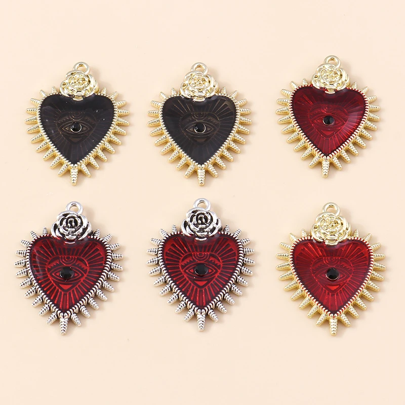 4pcs 25*32mm 패션 로즈 레드 하트 에나멜 매력 고딕 아이 하트 펜던트 수제 DIY 쥬얼리 액세서리 찾기