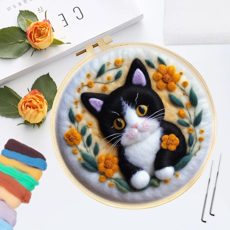 20x20cm Wool Needle Felting Painting Cat Animal DIY Wool Needle Felt Picture Kit Home Decor Gift wool felting kit,needle felt kit