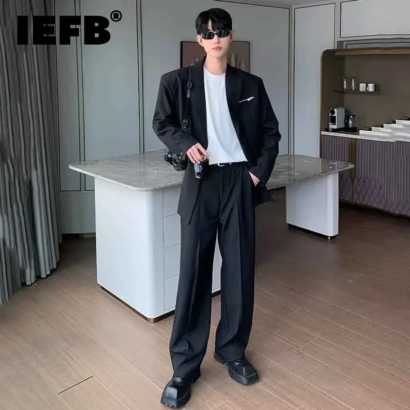 

IEFB Business Men Suits Niche Design Shoulder Pad Suit Jacket Two Piece Loose Fitting Ruffian Handsome Straight Leg Pants 9C2986